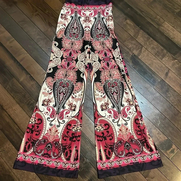 Venus Wide Leg Paisley Print Pant Stretchy Side zip Pink Multi Size XS Flowy - Picture 3 of 12